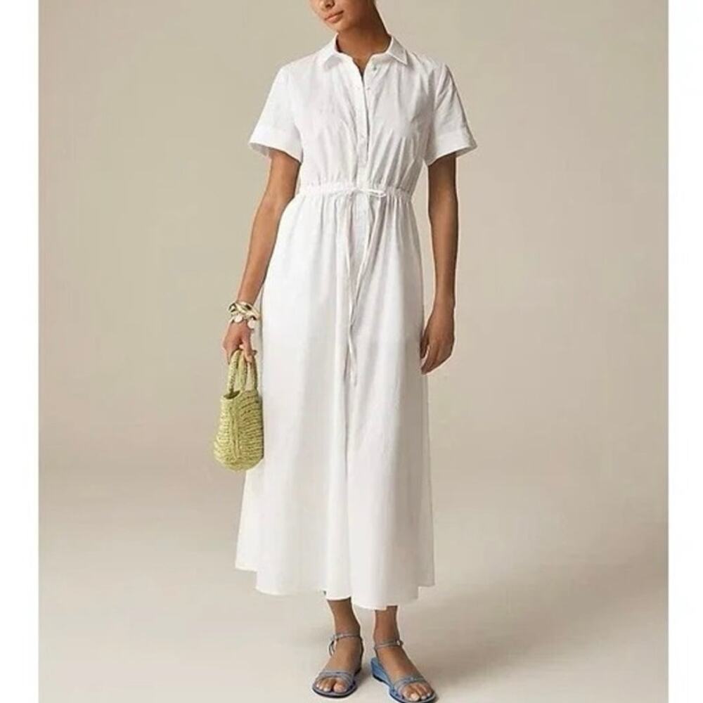 NWT J.Crew Cerise Button Front Midi Shirtdress 100% Cotton Poplin White Size 14
